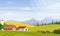 Vector illustration of rural landscape. Beautiful countryside with farm and horses on fields, house and mountains for