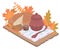 Vector illustration of rustic food in retro style with autumn background.