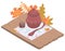 Vector illustration rustic tableware, table, food in isometry in retro style, autumn background.