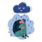 Vector illustration of sad man sitting under rainy cloud. Unhappy concept.