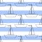 Vector illustration. Sailing ship line icon on blue and white stripes background. Seamless ship pattern