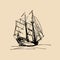 Vector illustration of sailing ship in the sea in ink style. Hand sketched schooner. Marine theme design.