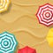 Vector illustration of sand beach and multicolor striped umbrellas. Top view summer vacation banner background