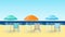 Vector illustration of sandy beach with isolated chairs, umbrellas on Sea background.