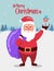 Vector illustration of santa claus approaching us with a bag or sack of gifts and holding a gift box wrapped in his hands