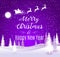 Vector Illustration of Santa Claus Driving in a Sleigh. Merry Christmas and Happy New Year lettering violet greeting