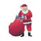 Vector illustration of Santa Claus in red costume standing and taking gift boxes out of big bag.