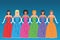 Vector illustration, Say yes to the dress. Multicultural, girls with different orgins dressed in colorful dresses.