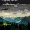 Vector illustration or scene with a beautiful, picturesque landscape. Sun rays through rain clouds. Green and blue mountains.