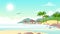 Vector illustration of sea beach with hotel. Beautiful small villas on the ocean seaside. Summer landscape, vacation