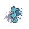 Vector illustration with sea horse, blue paint splash.