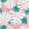 Vector illustration of seamless exotic floral pattern with green and white monstera leaves on pink background, tropical