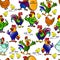 Vector illustration, seamless pattern, bright funny roosters, hens with clings, design for textiles