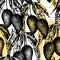 Vector illustration with a seamless pattern with bushes and mangoes. Black and white and gold background. Decor for wallpaper,