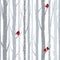 Vector illustration of seamless pattern with grey trees birches and red birds in winter time with snow in flat cartoon