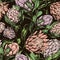 Vector illustration of a seamless pattern with large pink buds of a protea flower. Large decorative flowers on a dark background.