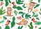 Vector illustration of seamless pattern with monkey, parrot, flower, plant leaves