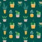 Vector illustration of a seamless pattern of trendy house plants in pots: aloe vera, fiddle leaf fig, snake plant, monstera,