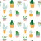Vector illustration of a seamless pattern of trendy house plants in pots: aloe vera, fiddle leaf fig, snake plant, monstera,