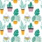 Vector illustration of a seamless pattern of trendy house plants in pots: aloe vera, fiddle leaf fig, snake plant, monstera,