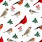 Vector illustration Seamless pattern Winter birds with Christmas holly trees and bells