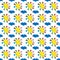 Vector illustration seamless pattern yellow joyful sun with patchwork rays of different colors on a white background with blue clo