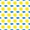 Vector illustration seamless positive pattern, bright, joyful, smiling sun with yellow rays and blue cloud on white background