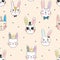 Vector illustration of seamless texture with doodle cute sweet bunnies, sketch characters, hand drawn illustration with pen, faces