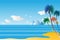 Vector illustration seascape background over sea with coconut an