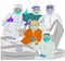 Vector illustration of a senior coronavirus patient with a mask, four medical staff with PPE in hospital, feeling strong, happy fo