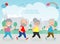 Vector Illustration of senior couple running in a park. old man and old lady run. senior runner, gym or outdoor healthy lifestyle.