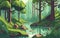 vector illustration serene forest glade with sunlight filtering through the trees, moss-covered rocks, and a gentle