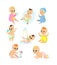 Vector illustration set of adorable baby in different position and emotions. Daily routine of happy cute kids. Baby boys