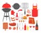 Vector illustration set of barbecue, grilled food steak, sausage, chicken, seafood and vegetables, all tools for BBQ