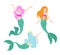 Vector illustration set of beautiful swimming mermaids with pink, blue and orange hair in different poses in flat