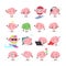 Vector illustration set of brain emoji, emotion brainy character in different positions and emotions, brainstorming set