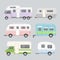Vector illustration set of camping trailers. Concept of travel mobile home isolated on light grey background in flat