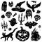 Vector illustration set of cartoon assorted Halloween accessories Black Cat, Bat, ghost, owl, pumpkin, candlestick. Separated