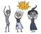 Vector illustration set of cartoon assorted Halloween accessories mummy and two witches with a wand. Separated objects on white