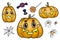 Vector illustration set of cartoon assorted Halloween accessories pumpkins, candy, spider web, spider, hat, beetle. Separated