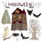 Vector illustration set of cartoon assorted Halloween accessories Spider, Black Cat, Web, Bat, landscape with scary old house, old