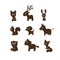 Vector illustration, set of cartoon cute animal silhouettes. Cat, deer, rabbit, dog, fox, squirrel, bear, cow, horse
