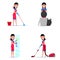 Vector illustration of a set cartoon girl cleaning