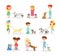 Vector illustration set of children playing with dogs. Happy boys and girls playing with dog, having fun together. Higs