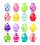 Vector illustration set of color Easter eggs with patterns, traditional colorful and bright symbol of Easter isolated on