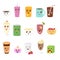 Vector illustration set of cute drinks in flat cartoon style. Cup of tea, hot chocolate, latte, coffee, smoothie, juice