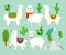 Vector illustration set of Cute funny alpacas and llamas with cactus elements, mountains on blue background. Lovely