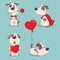 Vector illustration set of cute and funny cartoon little Valentine dogs-pupies in love with heart, rose, wings and