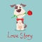 Vector illustration set of cute and funny cartoon little Valentine dogs-pupies in love with heart, rose, wings and