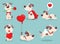 Vector illustration set of cute and funny cartoon little Valentine dogs-pupies in love with heart, rose, wings and